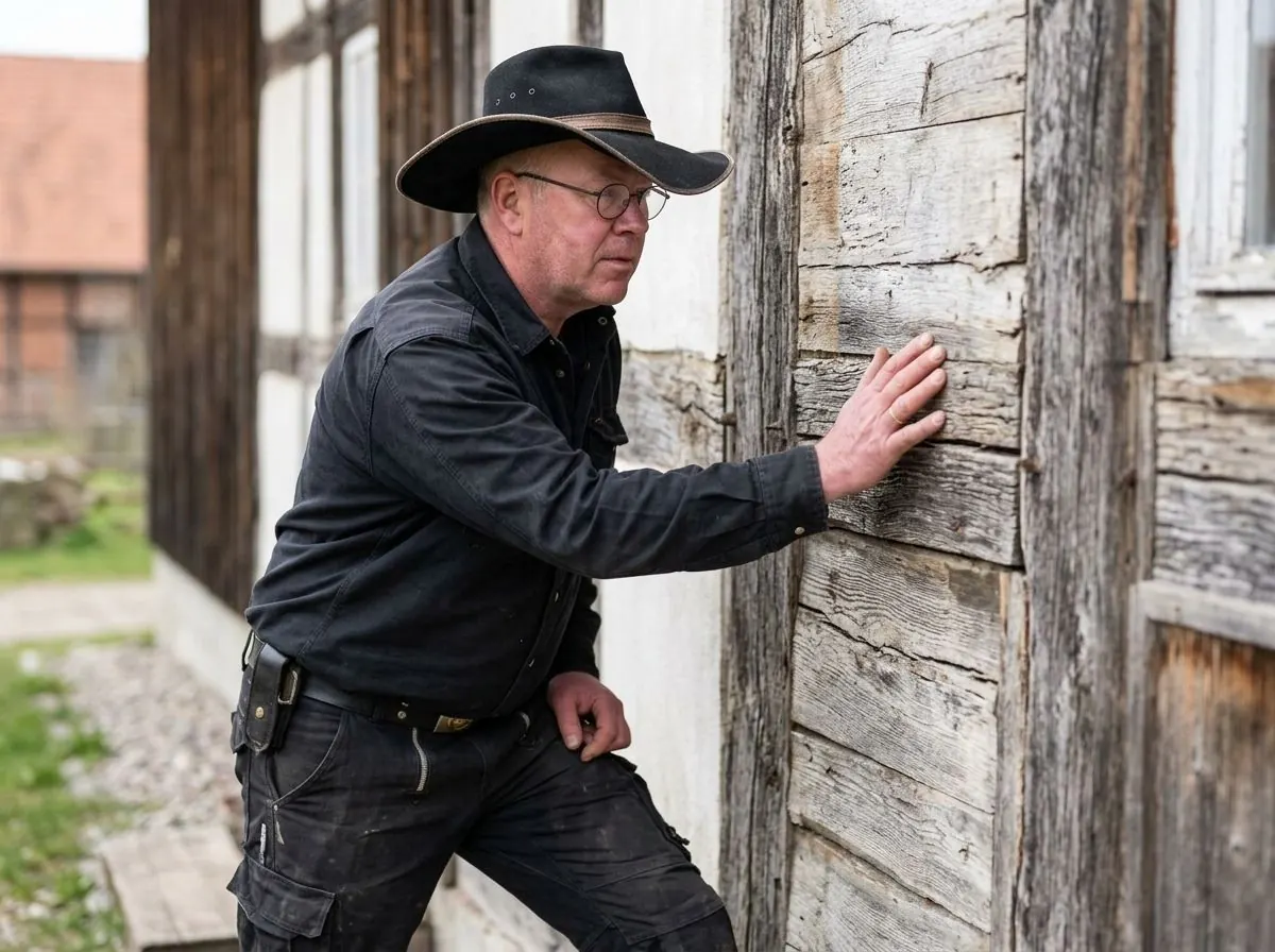 Handwerker pruefend an einer alten Fachwerk-Holzwand im Wendland